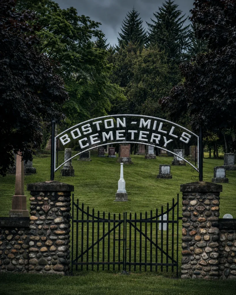 Boston Mills Cemetery entrance sign in Caledon, Ontario
